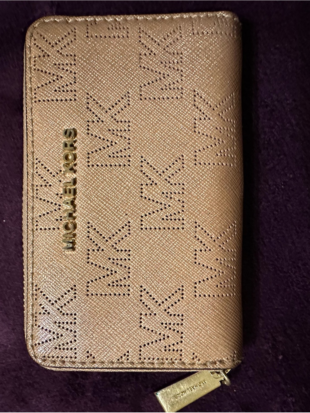 Michael Kors Perforated Logo Zip Wallet Case in Metallic Gold